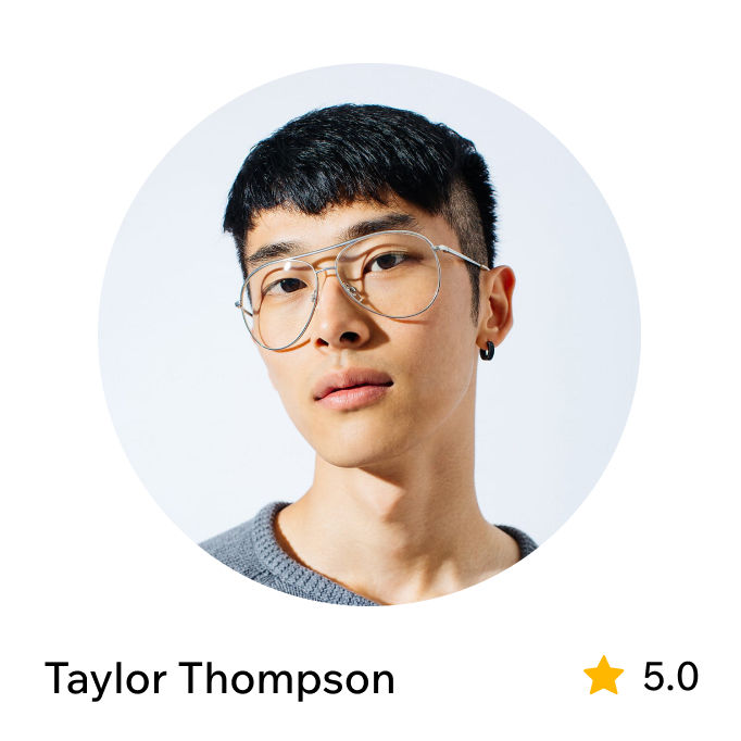 Marketplace-profil for en professionel, der hedder Taylor Thompson med en bedømmelse på 5,0