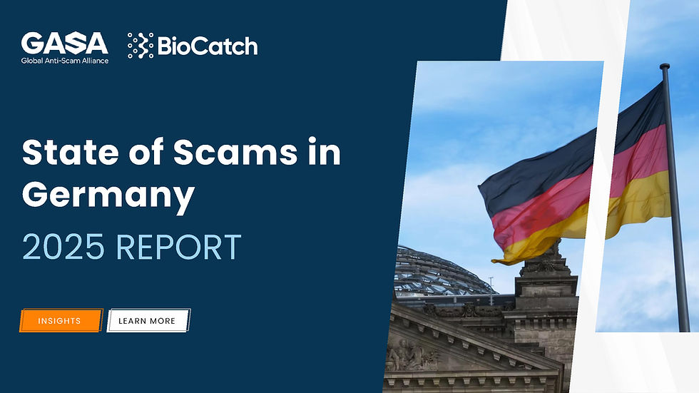 German flag at Reichstag with text: "State of Scams in Germany 2025 Report." Logos of GASA and BioCatch. Buttons: Insights, Learn More.