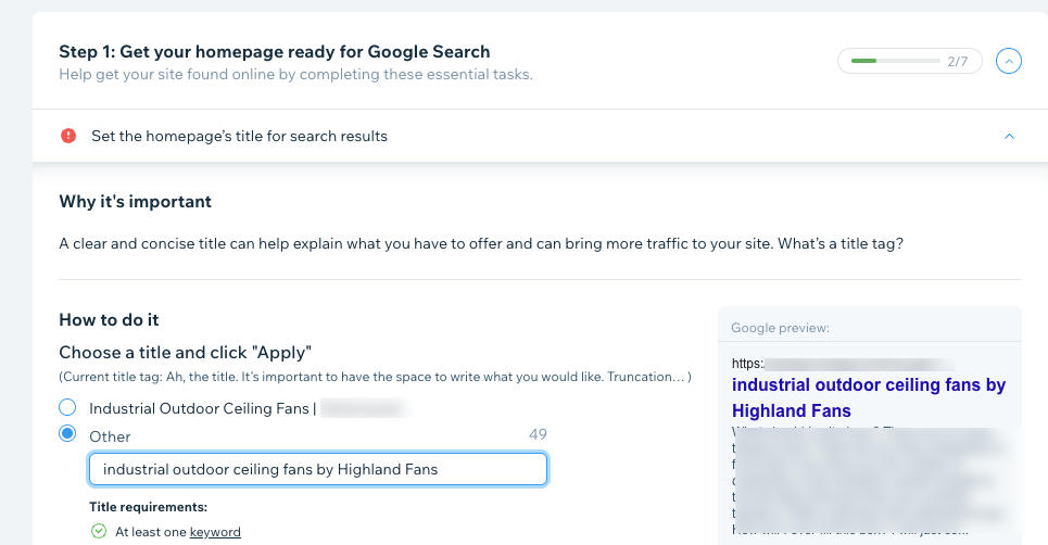 The field to add a title tag to your homepage within the Wix SEO Setup checklist